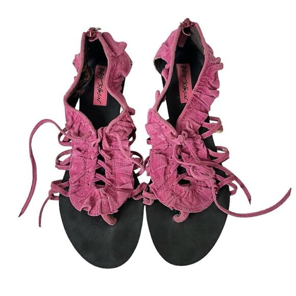 Betsey Johnson Cicii Suede Wedge Pink Ruffle Strappy Leather Sandals Boho Chic 8 - Picture 9 of 9